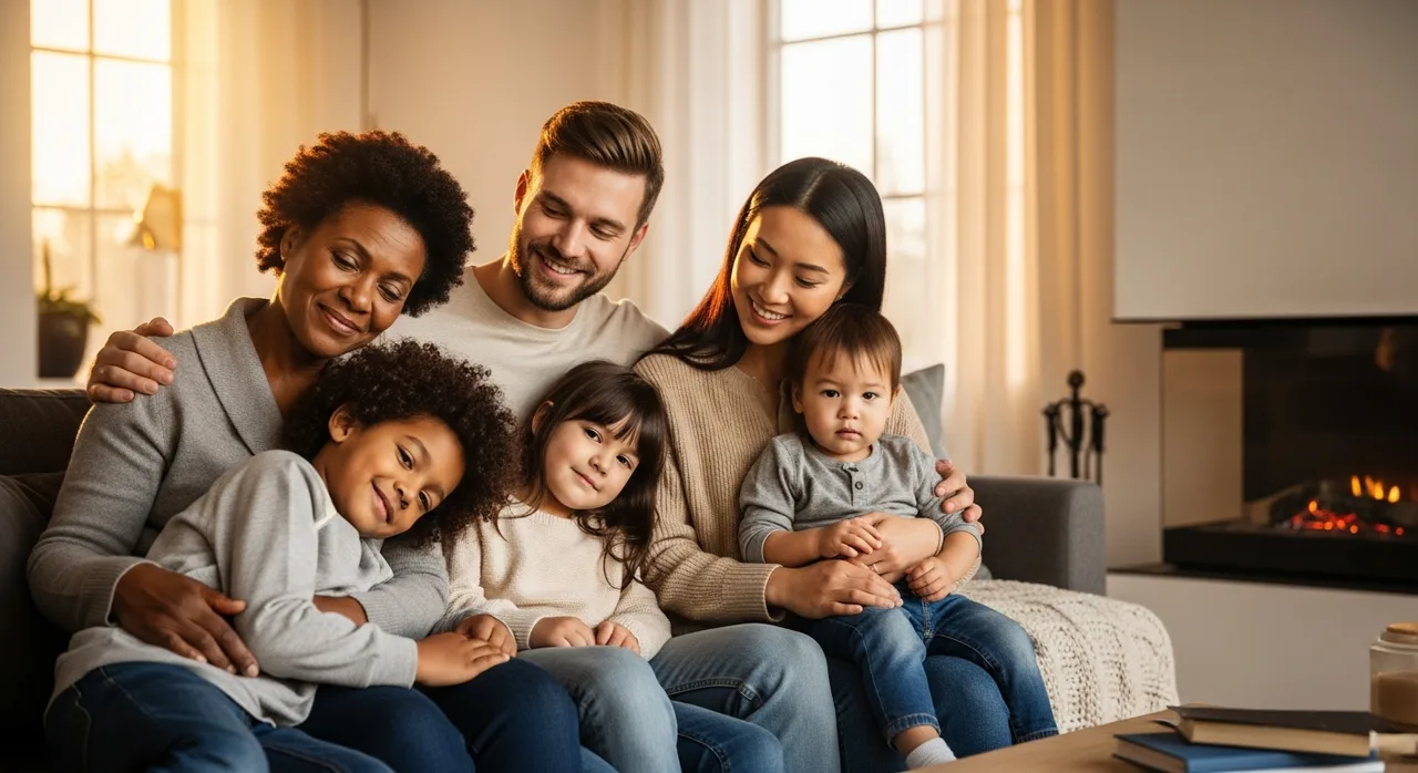 Diverse family together at home