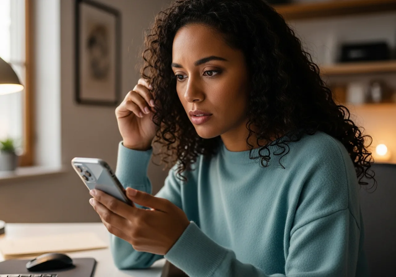 Woman checking her phone for suspicious messages