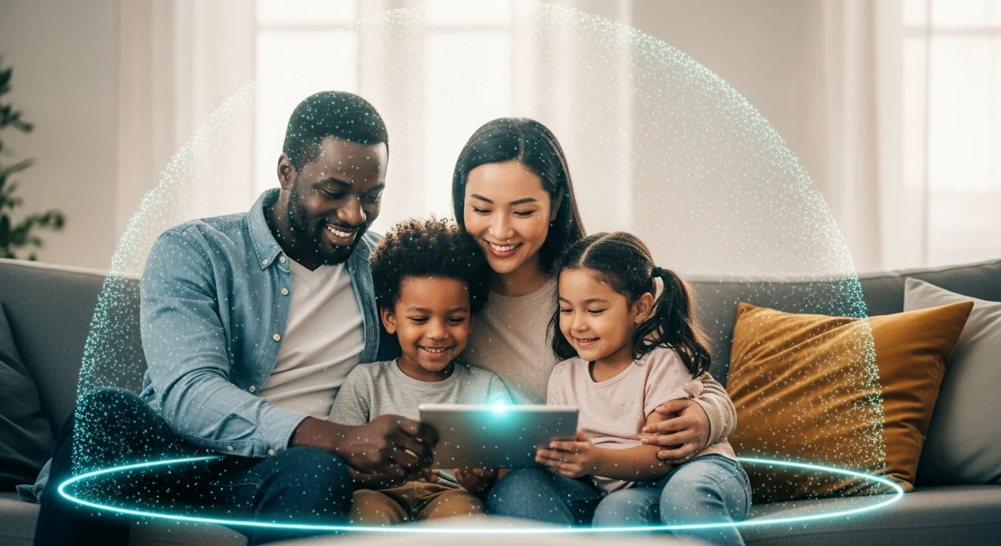 Family protected by a digital security shield while browsing online together